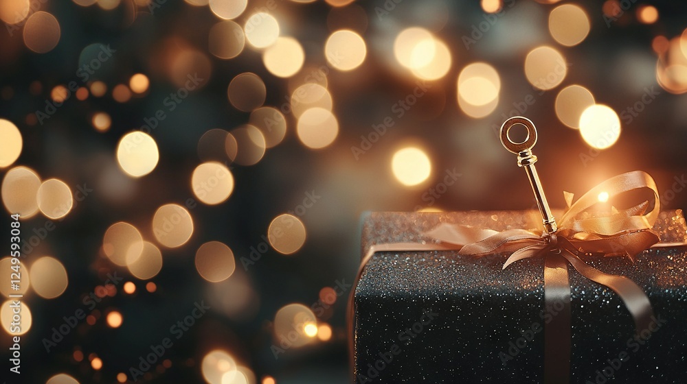 Poster close-up image of gift box with ribbon tied around it, featuring a key placed at the center