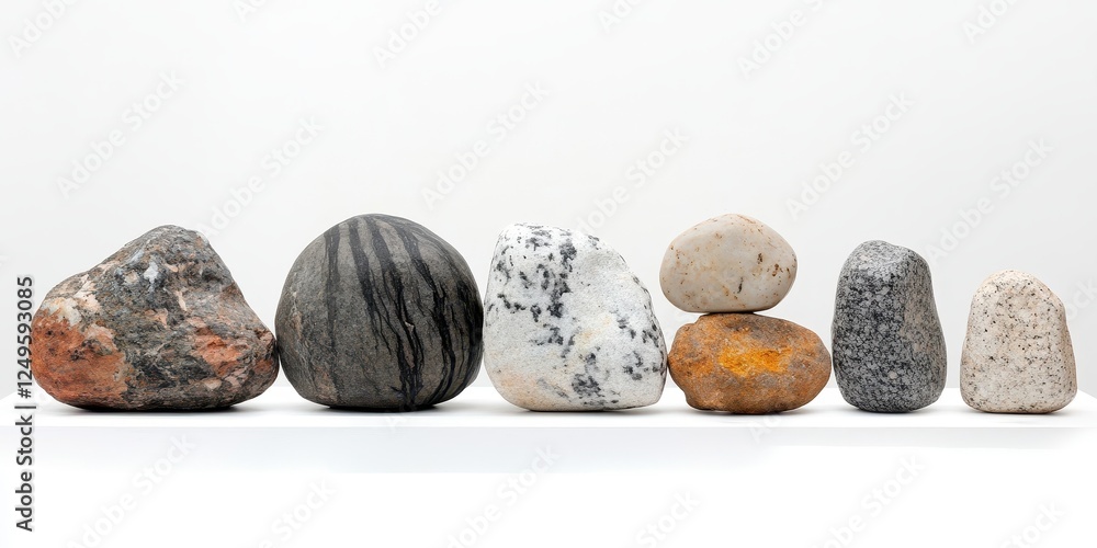 Poster seven diverse rocks displayed in a row on a shelf