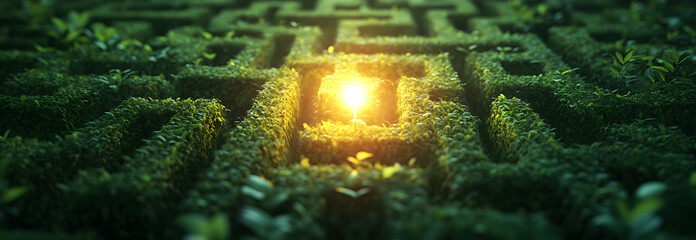 A glowing light illuminates a dense, green maze, symbolizing clarity and resolution in the midst of complex obstacles for problem-solvers and creative thinkers