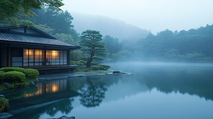 Obraz premium A tranquil lakeside scene at dawn, featuring a traditional building surrounded by mist and greenery, reflecting calmness and serenity.