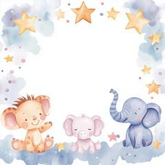Watercolor frame border with baby animals and stars on white background.