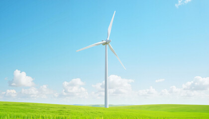 Fototapeta premium Large white wind turbine in grassy field under blue sky, renewable energy