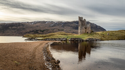 Ruins of Ardvreck Castle near Loch Assynt, north west Highlands, Scotland, Britain
