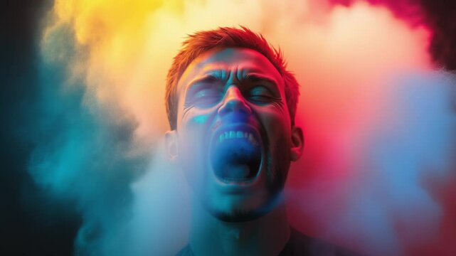A dramatic portrait of a man expressing intense emotion with colorful smoke and lighting in the background