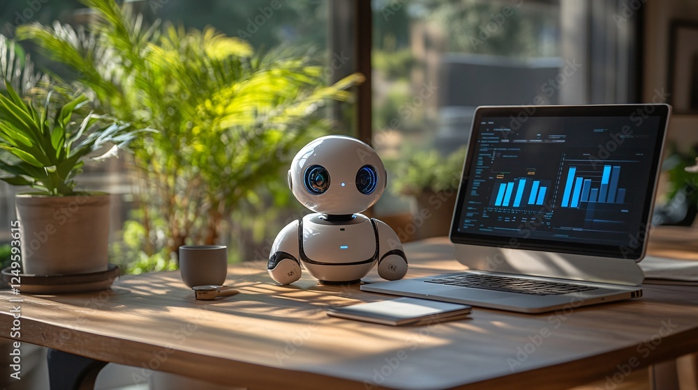 Poster a cute robot sits on a wooden desk beside a laptop displaying data graphs, surrounded by greenery in