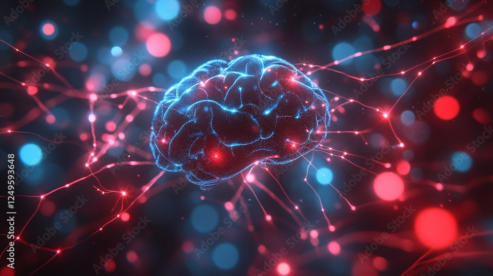 Poster a glowing brain surrounded by vibrant red and blue neural connections, representing cognitive proces
