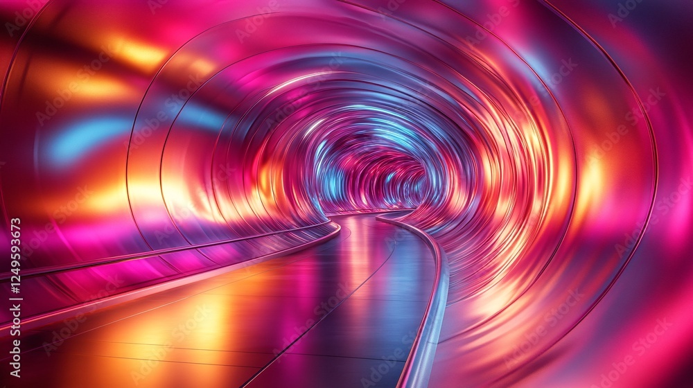 Poster a vibrant, abstract tunnel illuminated with colorful lights, creating a surreal and immersive visual