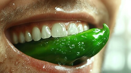 Obraz premium A close-up of a person's mouth with a green pepper inside and water droplets on their teeth