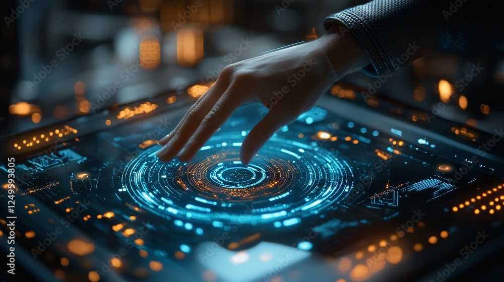 Aufkleber a futuristic hand interacts with a glowing, circular interface, showcasing advanced technology and d