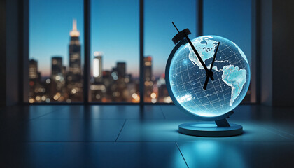 Globe with clock hands in minimalist room, symbolizing Earth Hour