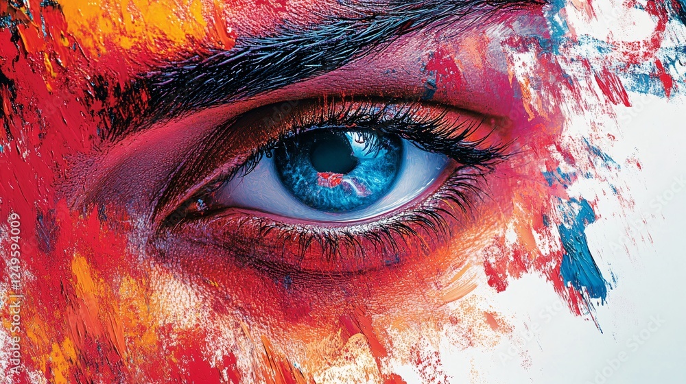 Poster a vivid close-up of an eye with striking blue iris, surrounded by vibrant splashes of paint in red a