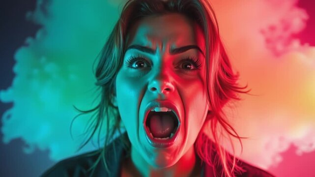 A dramatic portrait of a woman expressing intense emotion with colorful smoke and lighting in the background