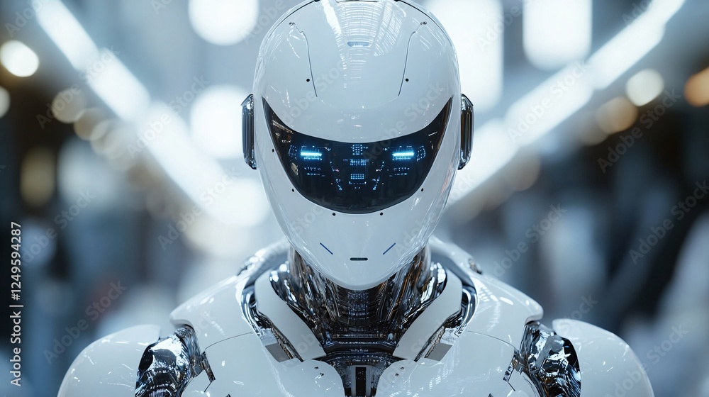 Poster a futuristic humanoid robot with a sleek design and illuminated features, set against a modern, high