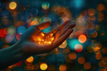 A hand gently cradles glowing embers, creating a magical, warm, and enchanting scene.