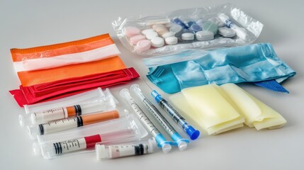 Medical supplies arranged neatly on a table, showcasing syringes, bandages, and tablets for healthcare use
