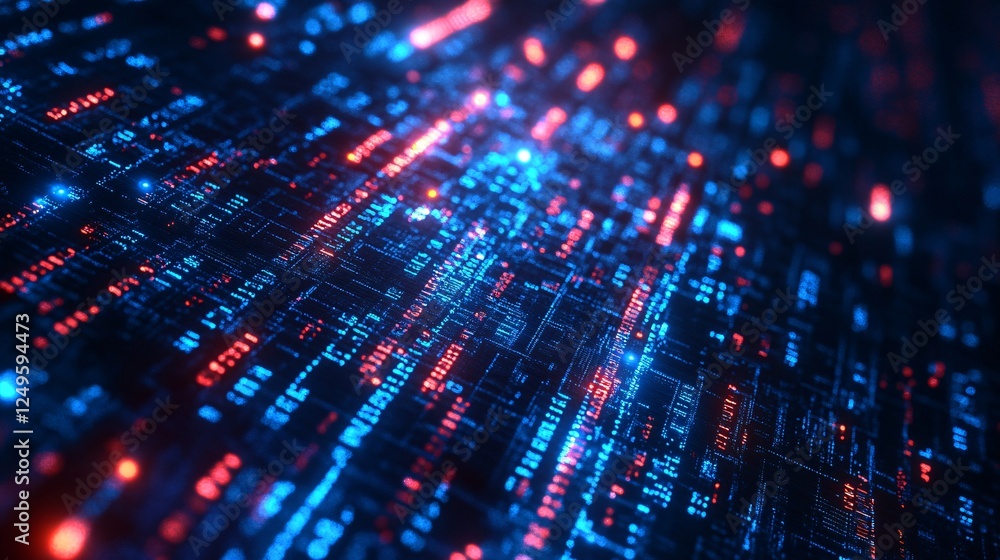 Aufkleber a vibrant digital landscape showcasing streams of binary data in blue and red hues, symbolizing tech