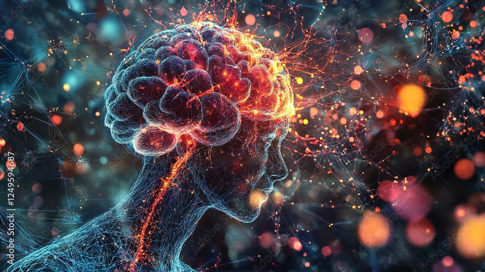 Poster a vibrant digital representation of a brain illuminated with colorful neural connections, symbolizin