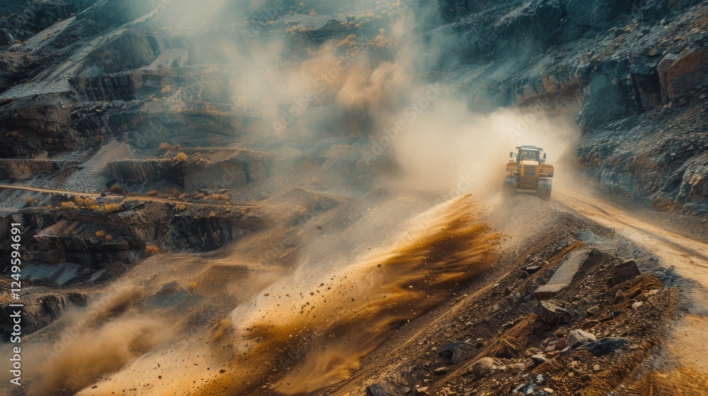 Poster dust rises as a large truck navigates a rugged quarry during sunset, highlighting the busy extractio