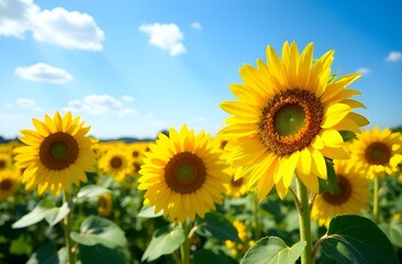 Fototapeta premium Sunflowers close up in the field.