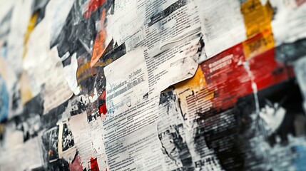 Fototapeta premium Old newspapers on a wall. Abstract news newspaper. Wallpaper with a header and a background. Vintage newspapers pasted lifestyle on a wall.
