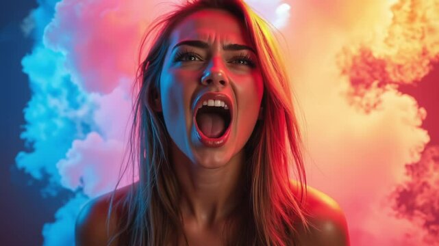 A dramatic portrait of a woman expressing intense emotion with colorful smoke and lighting in the background