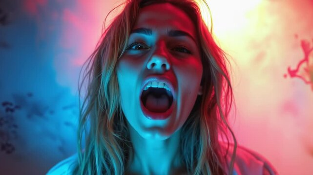 A dramatic portrait of a woman expressing intense emotion with colorful smoke and lighting in the background