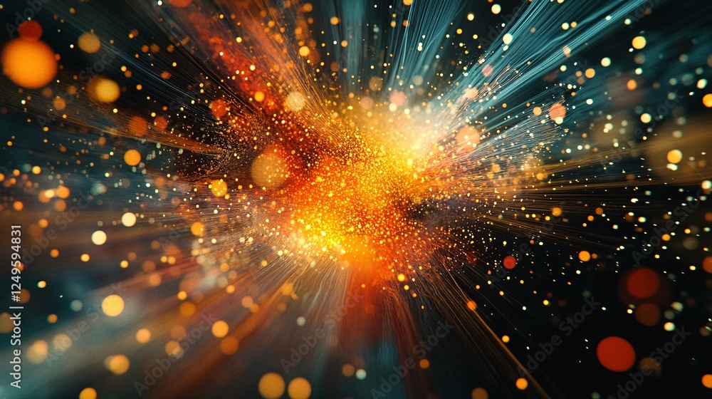 Poster a vibrant explosion of light and color, showcasing dynamic particles radiating outward in a cosmic d