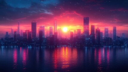 Fototapeta premium Vibrant city skyline at sunset reflecting on water.