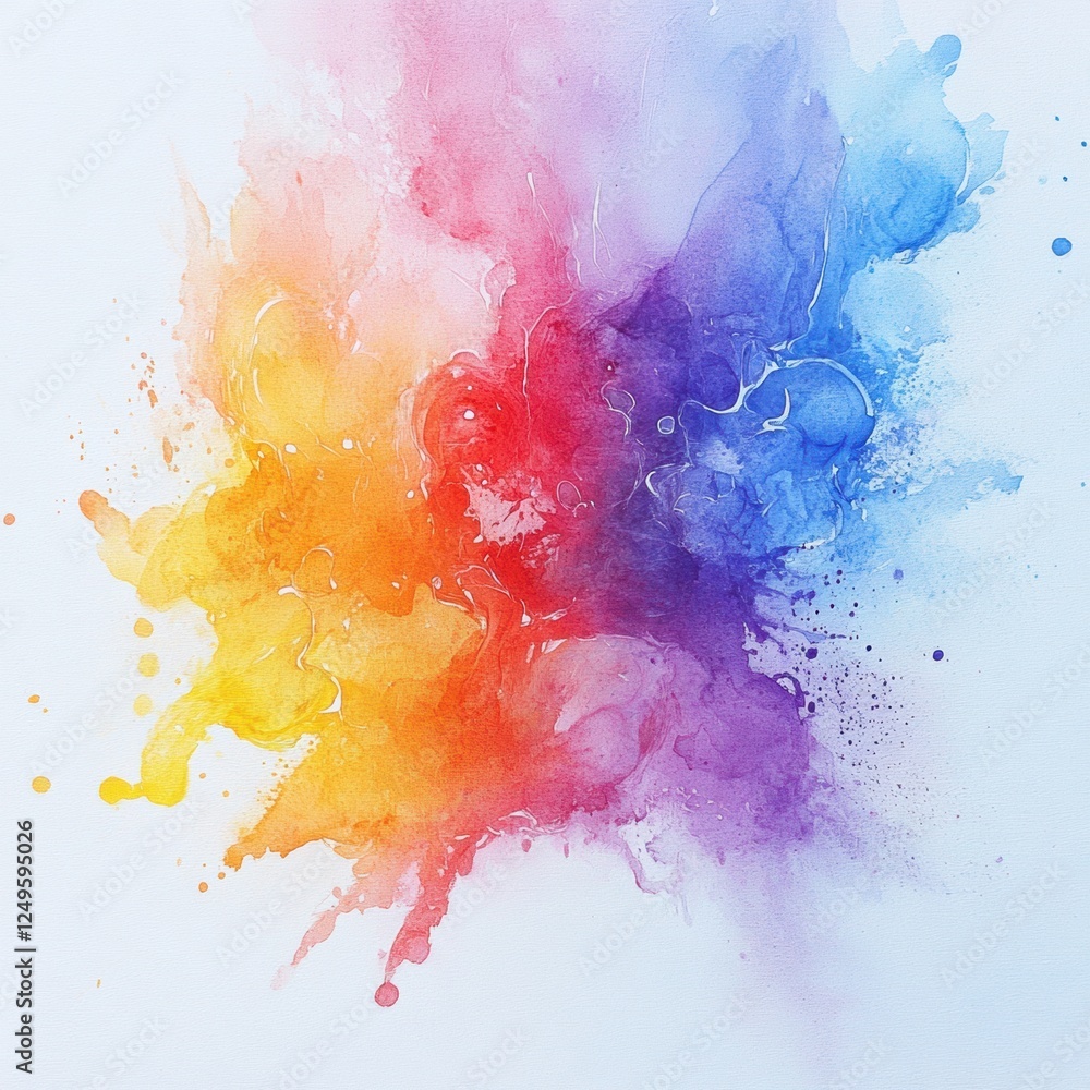 Poster vibrant abstract watercolor painting showcasing a blend of colors with dynamic splashes and textures