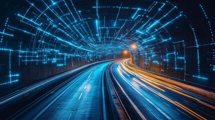 A dynamic tunnel with glowing blue lights and streaks, showcasing a sense of speed and motion through a vibrant, illuminated pathway.