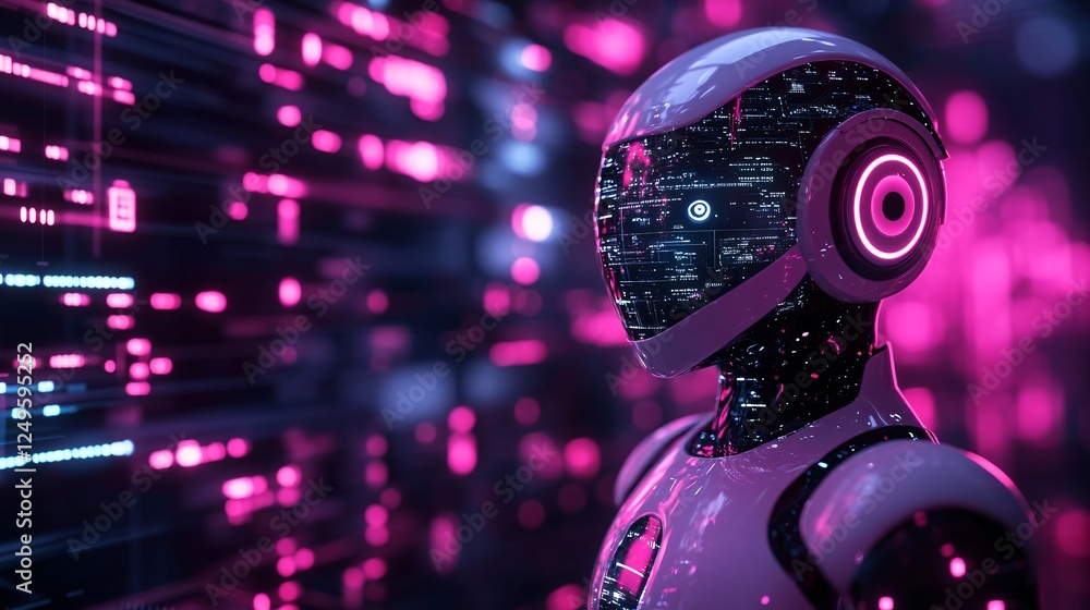Poster a futuristic robot with glowing pink accents stands against a backdrop of digital data, highlighting