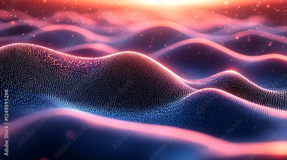 Poster a vibrant, abstract landscape with flowing waves of colorful particles, evoking a sense of motion an