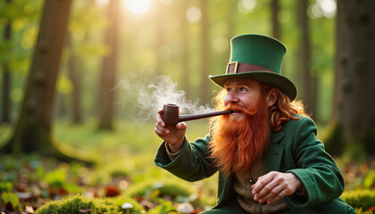 Jolly leprechaun smoking pipe in magical forest clearing, St. Patrick's Day