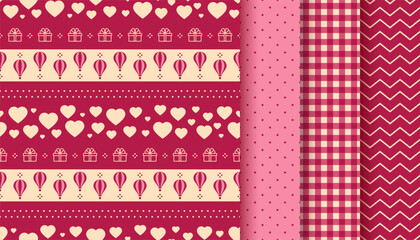 Love seamless pattern. Valentine background. Vintage vinous print with hearts, hot air balloons, dots, zigzag, check. Retro romantic texture. Set cute geometric wrapping papers. Vector illustration