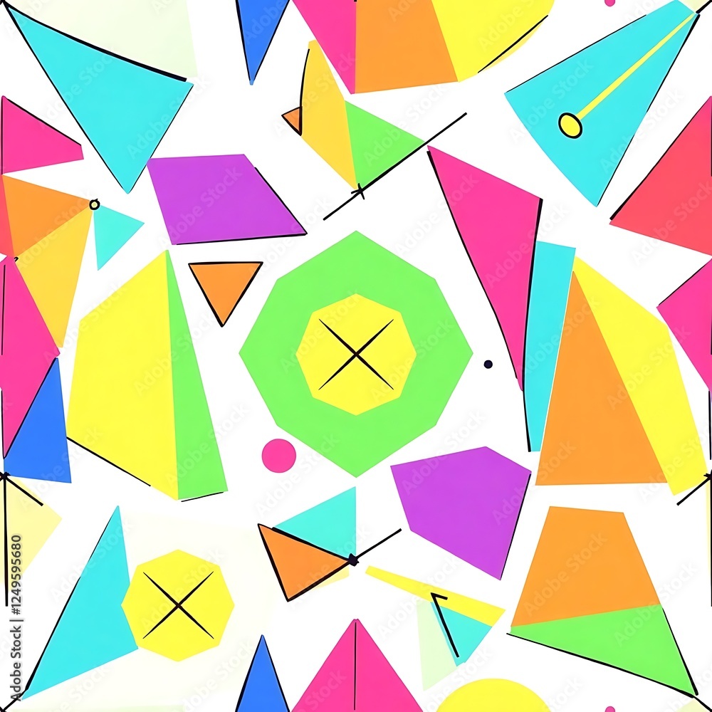 Poster vibrant geometric abstract: a playful and colorful seamless pattern featuring a dynamic arrangement 