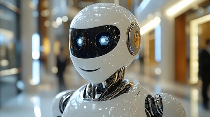 A futuristic robot with a sleek design and glowing eyes stands in a modern setting, showcasing advanced technology and innovation.