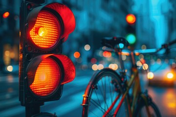 A red traffic light illuminates a bicycle at night, city lights blurred in the background.