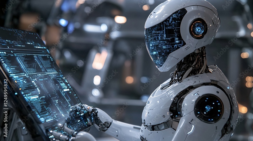 Aufkleber a futuristic robot interacts with a vibrant digital interface, showcasing advanced technology in an 