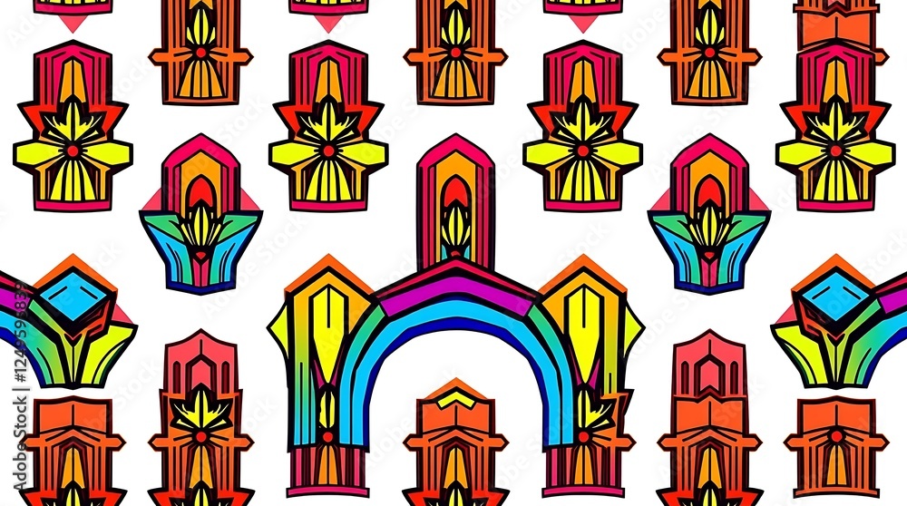 Poster vibrant geometric pattern: a captivating seamless pattern featuring a kaleidoscope of colors and geo