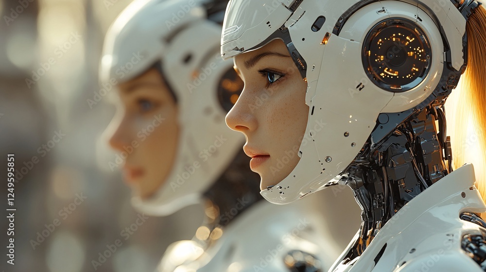 Poster two futuristic humanoid robots with sleek designs, showcasing a blend of technology and artistry in 