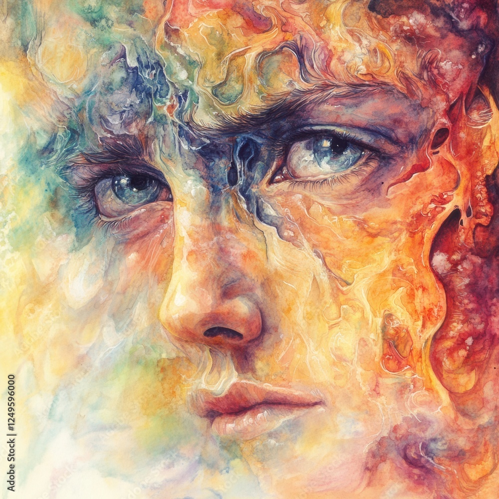 Poster vivid abstract portrait showcasing emotional depth and vibrant colors in a surreal artistic style. g