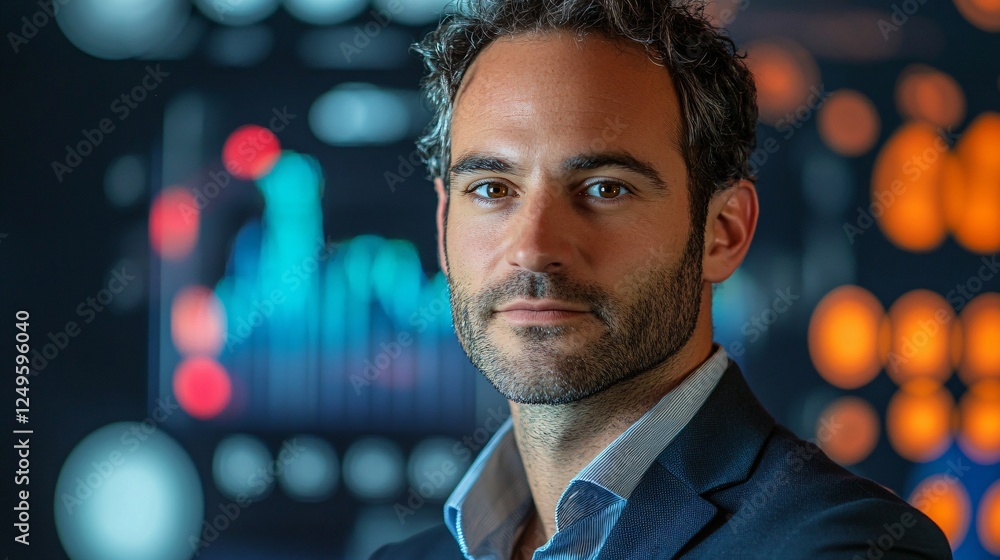 Poster a professional man with curly hair stands in front of a digital display featuring graphs and data vi
