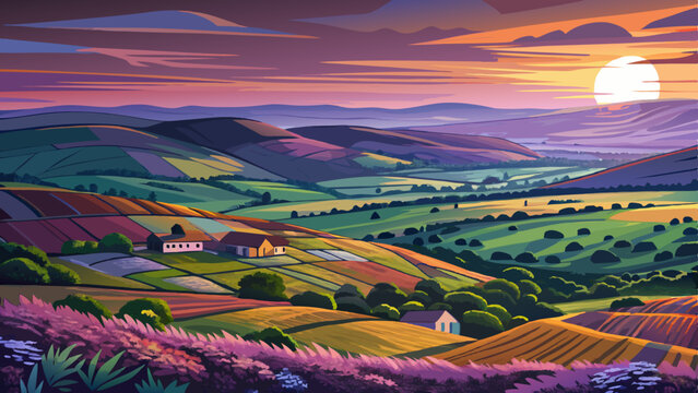 Panorama at Twilight over Rothbury Heather, on the terraces, which walk offers views over the Coquet Valley to the Simonside and Cheviot Hills, heather covers the hillside in 