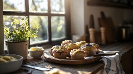 A kitchen window with natural sunlight illuminating a rustic plate of lemon poppy seed muffins, with a knife spreading butter on one