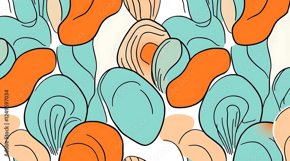 Poster oceanic oasis: a vibrant and stylized pattern featuring a playful array of stylized oysters and clam