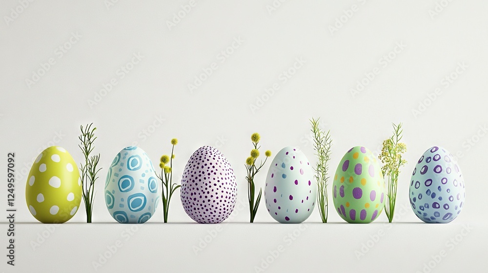 Poster a row of colorful eggs arranged on a white background with a sprig of green grass between them