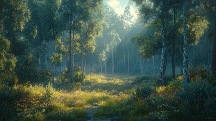 Obraz premium Sunlit Forest Path, Misty Morning, Flowers, Game Background