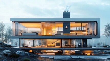 Fototapeta premium A modern, sleek house featuring large glass windows, clean lines, and a minimalist design, set in a serene outdoor environment.