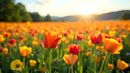 Tulips in the field close up. Copy space. Banner. Blurred background.