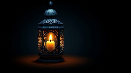 Ornate Arabic lantern with a candle glowing at night A festive greeting card for the Muslim holy month of Ramadan Kareem